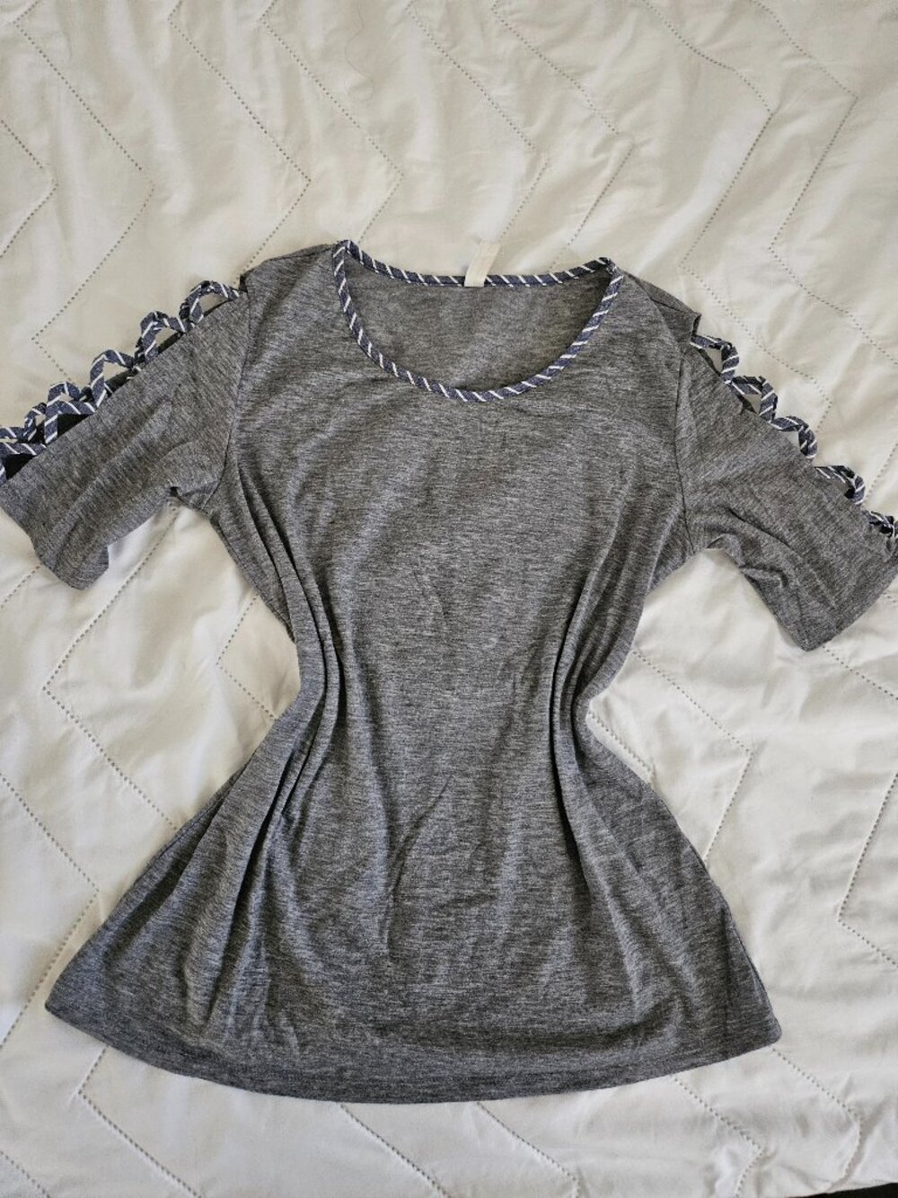 Gray Top With Blue White Stripe Shoulder detail size S